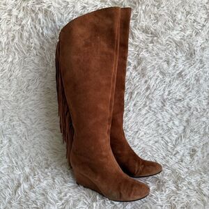 Christian Louboutin Cognac Brown Suede Wedge Boots with Fringe Size 37.5